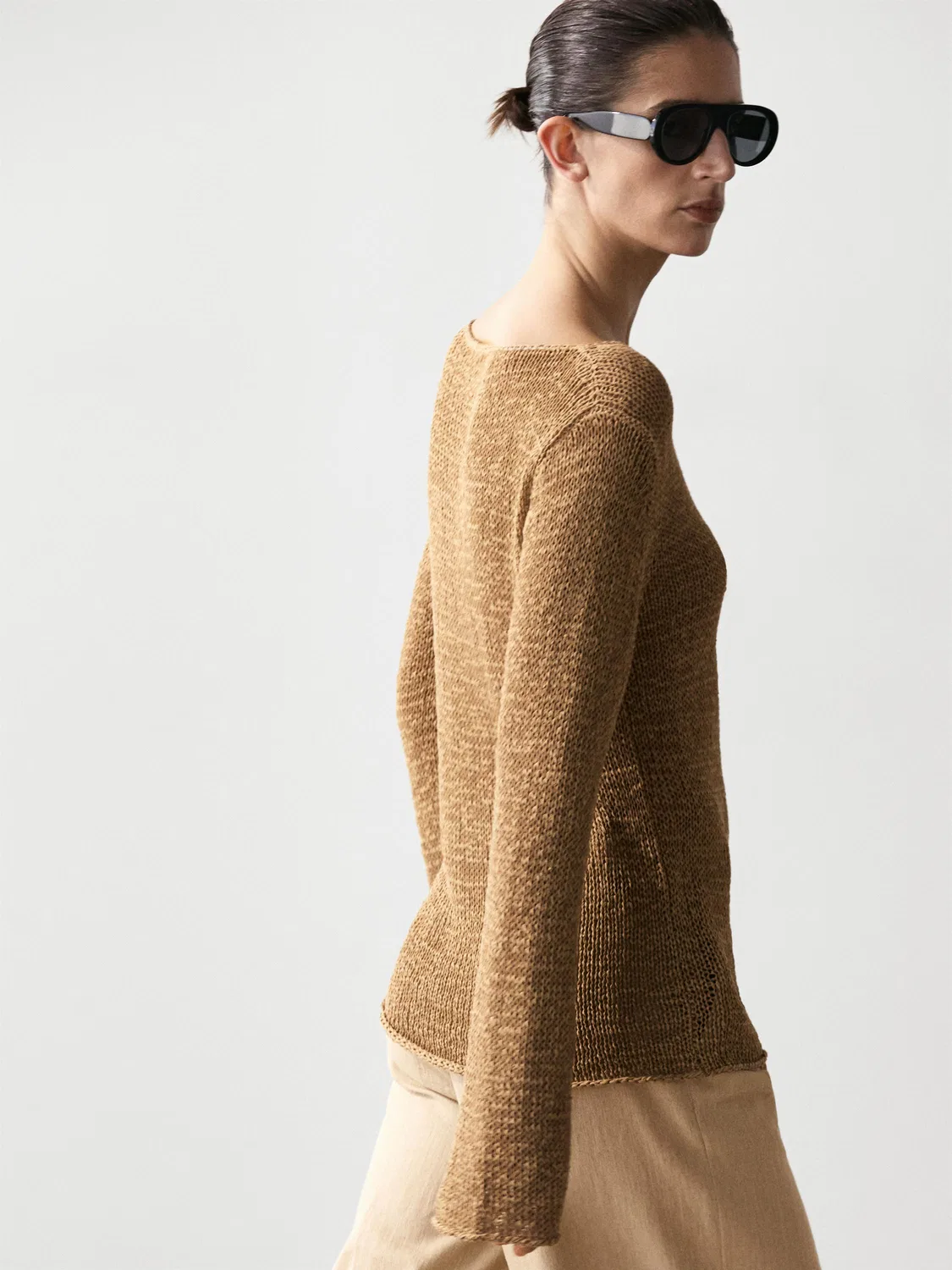 Вязаный свитер с вырезом-лодочкой из смесовой хлопковой ткани Massimo Dutti, Ochre — фото 3