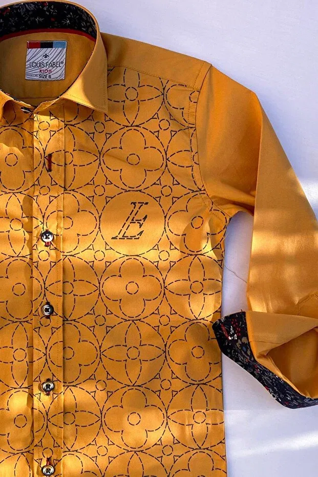 Детская рубашка для мальчиков с принтом Big Flower Printed Mustard Louis Kids, Hardal — фото 3