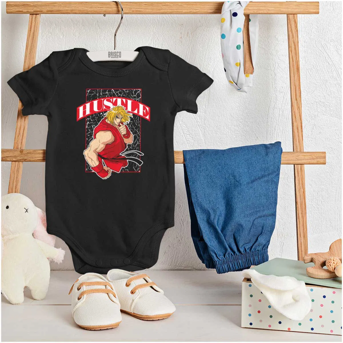 Детское боди-комбинезон с коротким рукавом с принтом Street Fighter Ken Hustle Brisco Brands, Black — фото 3