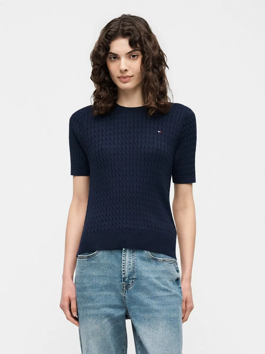 Свитер TOMMY HILFIGER с коротким рукавом и узором «косичка» темно-синего цвета — фото 2