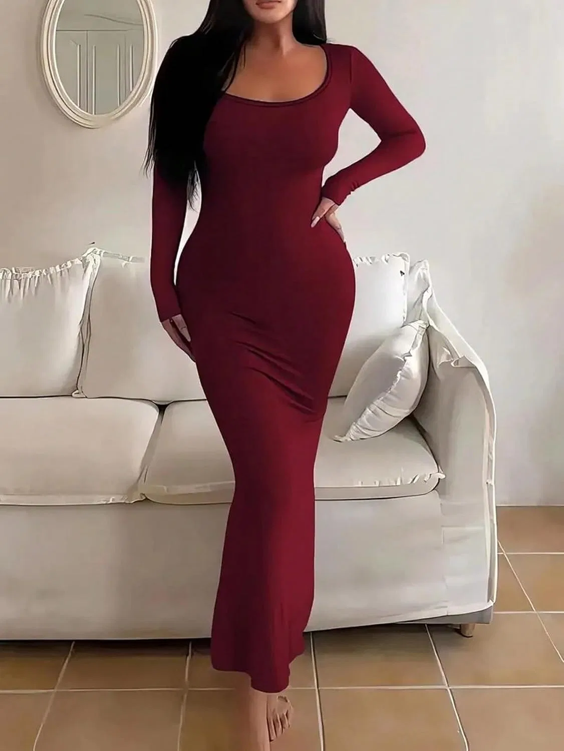 Женское длинное платье макси с длинным рукавом Bodycon, Burgundy — фото 4