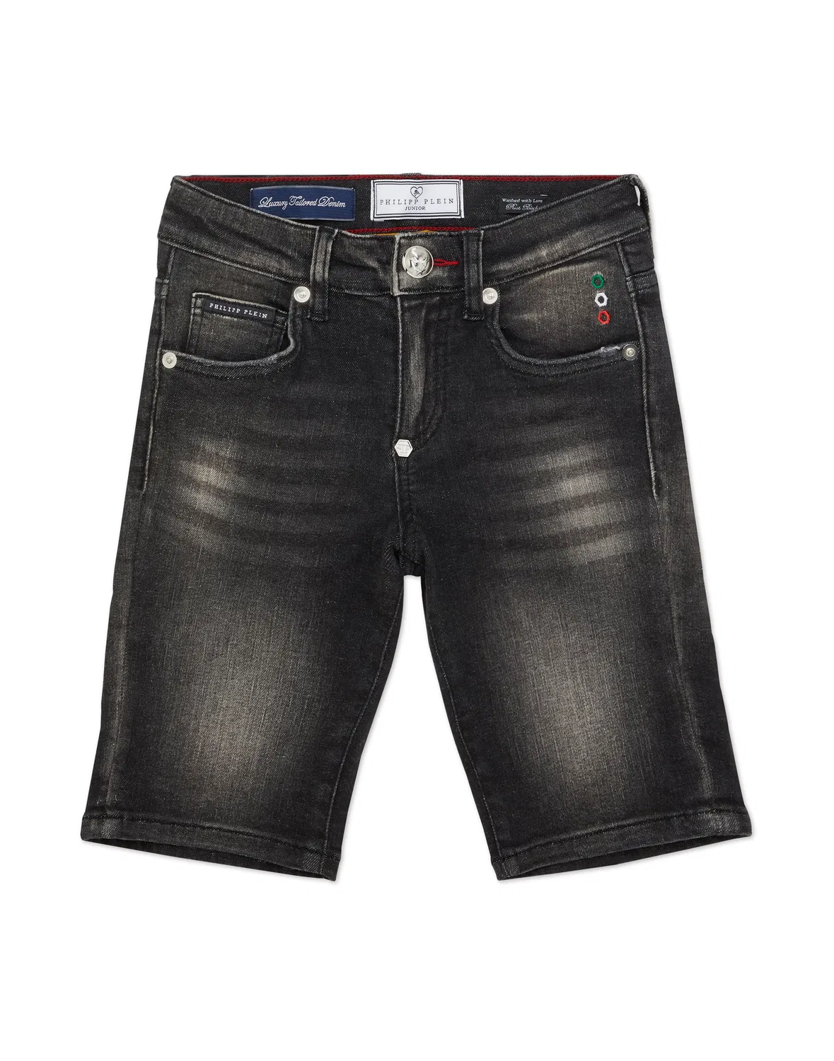 Детские джинсовые шорты средней длины с эффектом потертости Mykonos Fit Italic Plein PHILIPP PLEIN, Riotblack
