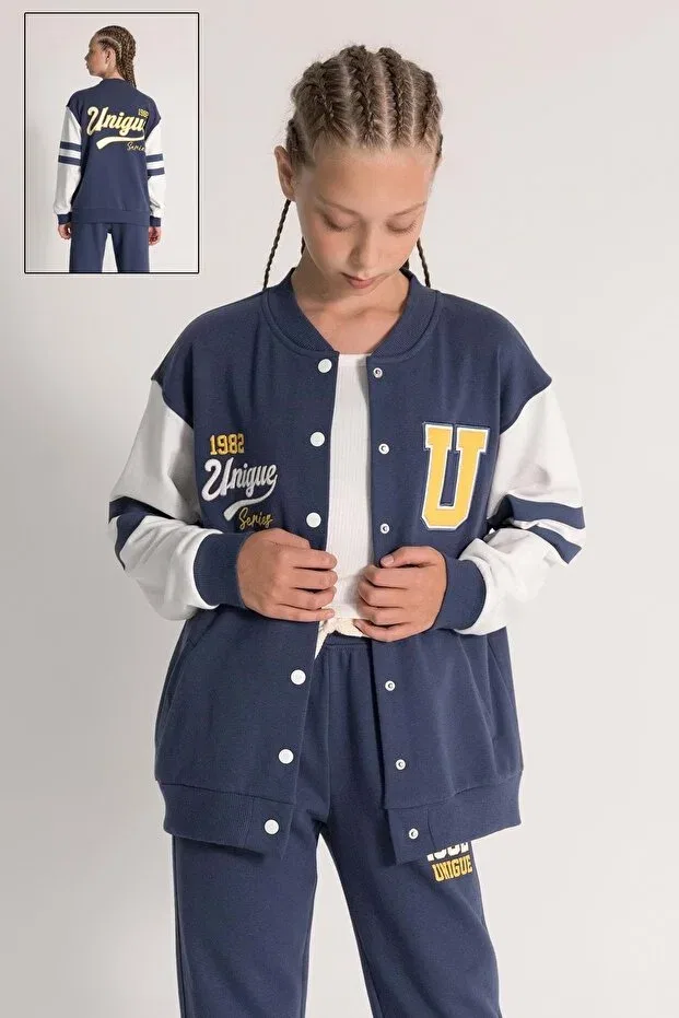 Детский кардиган для девочек с принтом College Cardigan With Embroidered Front And Printed Back With Snap Closure Generic Brands, Navy Blue