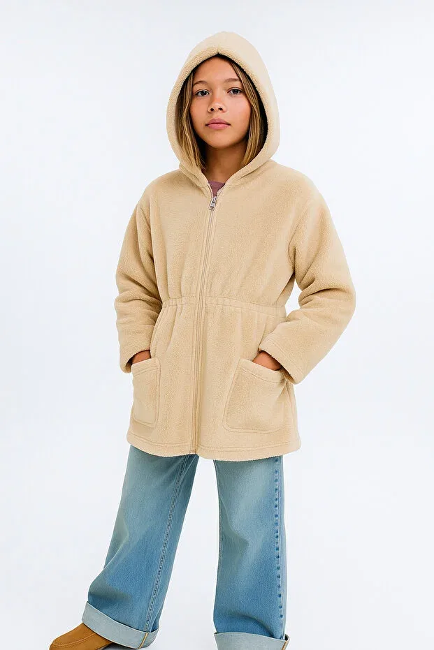 Детская куртка для девочек плюшевое с капюшоном Esila Kids, Beige — фото 4