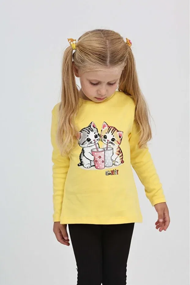 Детские свитшот для девочек с принтом Double Cat Printed Toontoy, Light Yellow — фото 2