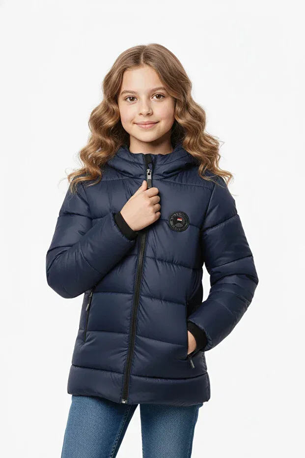 Детское зимнее пуховое пальто для девочек с капюшоном Qawwa, Navy Blue — фото 3