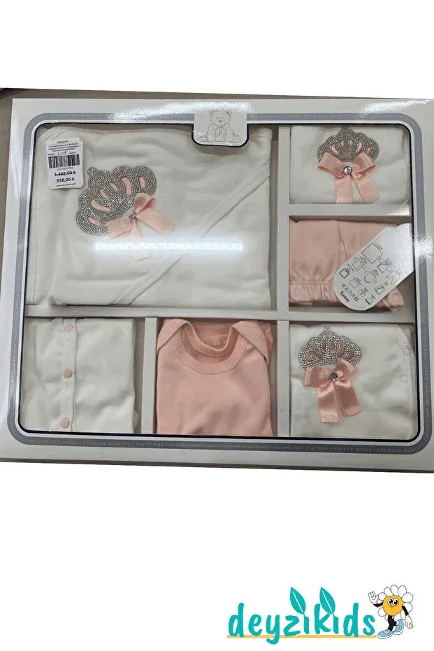 Детский комплект одежды для новорожденных хлопковый Embroidered 100% cotton newborn clothes with crown and ribbon Deyzikids, Powder