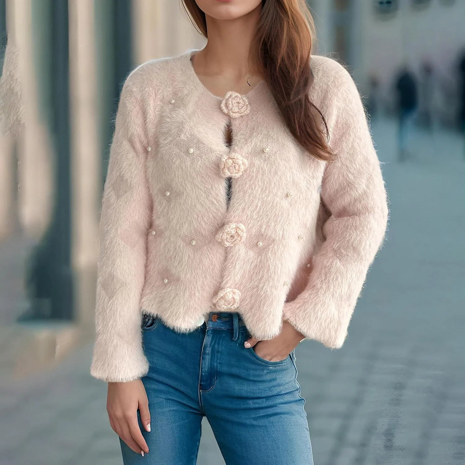 Женский пушистый кардиган из мохера, модель Fuzzy Mohair Cardigan, розовый — фото 2