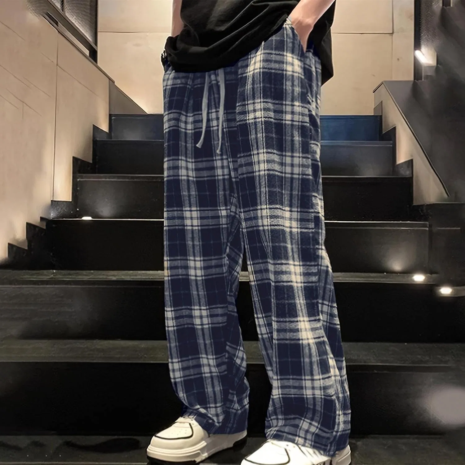 Мужские спортивные брюки классические в клетку, Plaid, тёмно-синий — фото 2