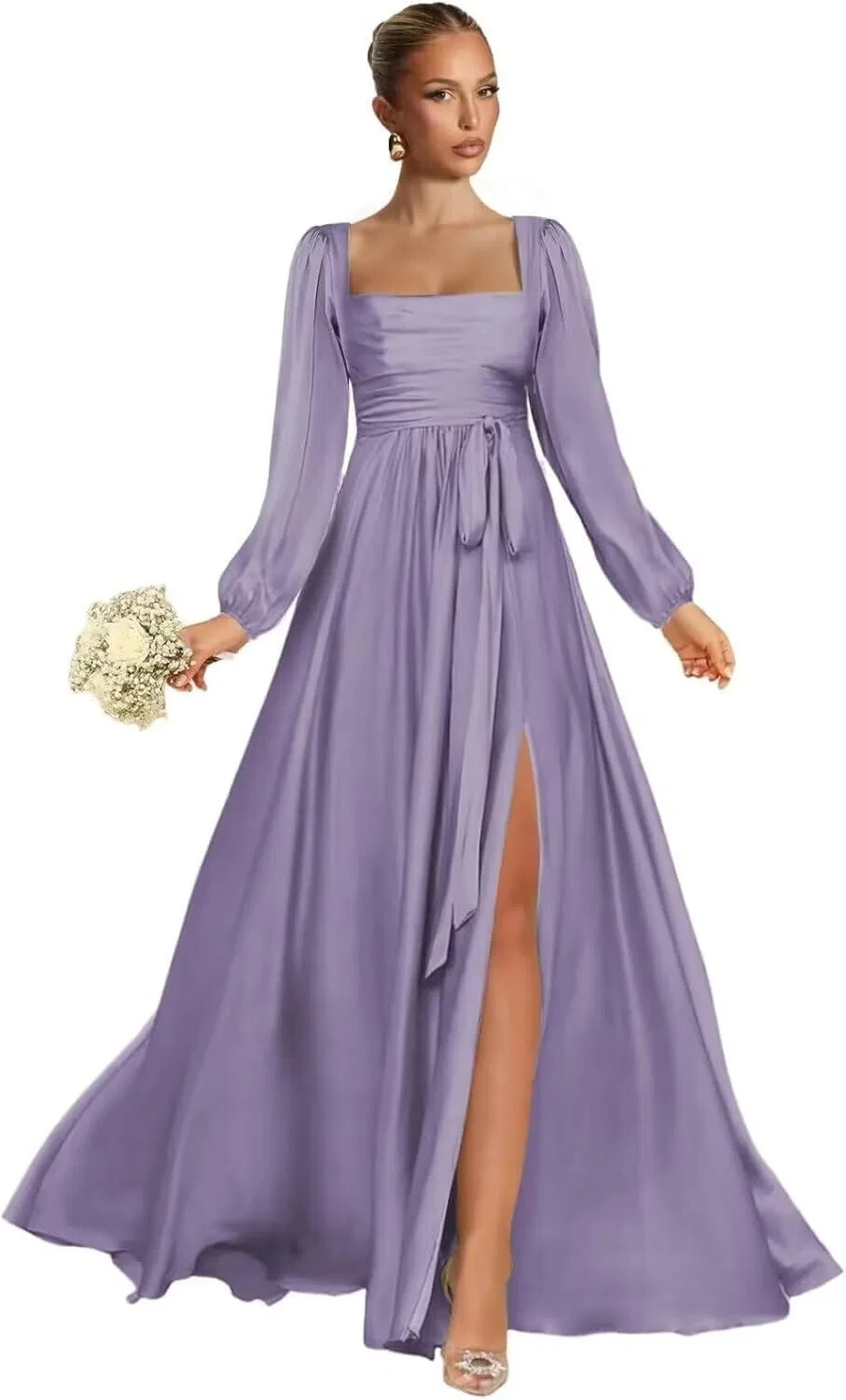 Женское A-силуэта платье для подружки невесты с боковым разрезом Satin, Wisteria