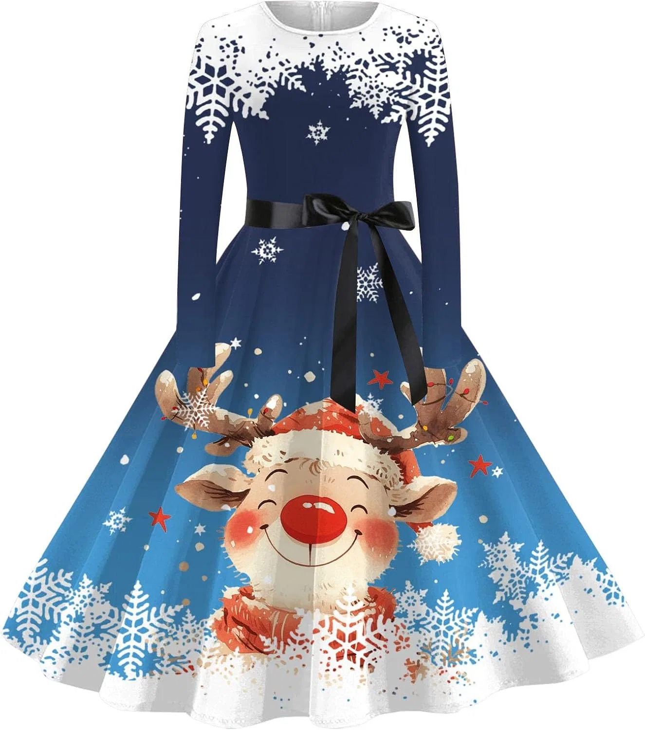 Женское платье-трапеция с принтом, с длинным рукавом, Christmas Dresses for Women, синий