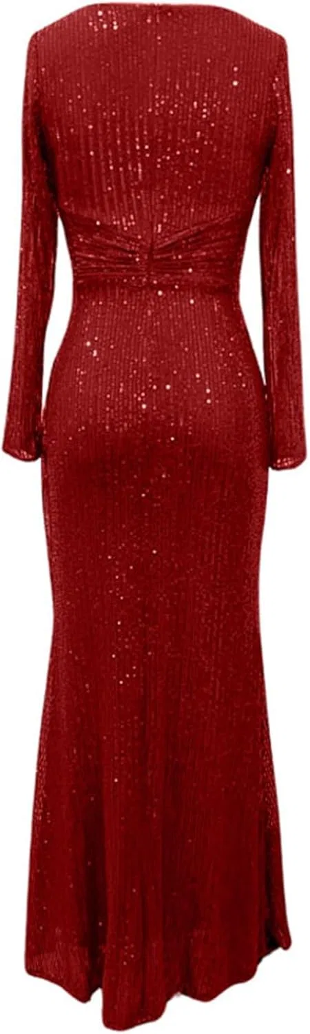 Женское вечернее платье с пайетками длинным рукавом Plus Size, Red — фото 2