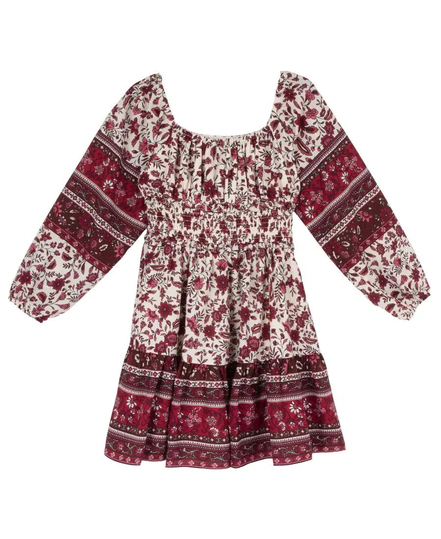 Платье с запахом и принтом, модель Smocked Waist Long-Sleeve Rare Editions, Burgundy — фото 2