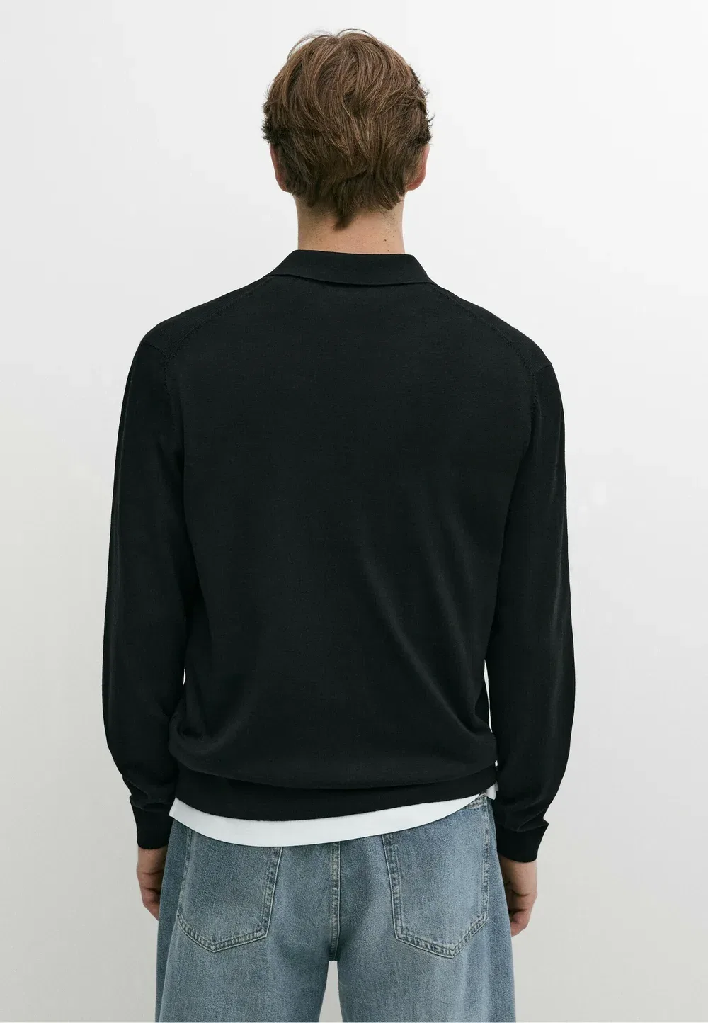 Вязаный поло-свитер из 100% мериносовой шерсти - рубашка поло Massimo Dutti, Black — фото 3