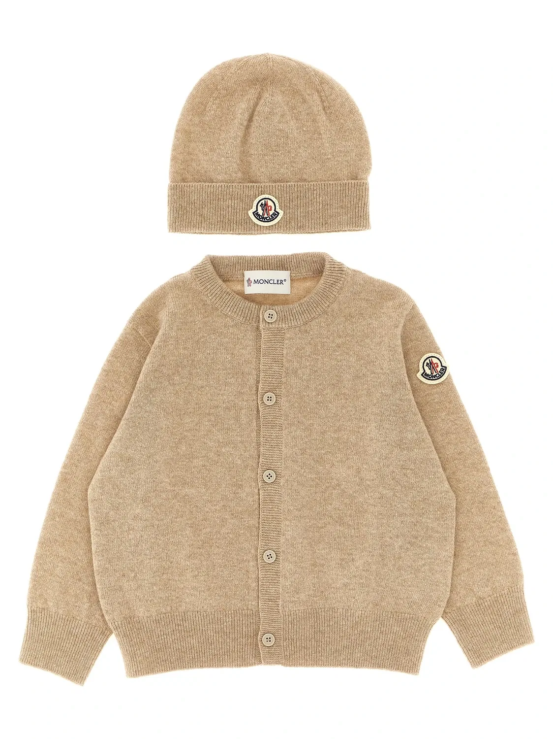 Комплект: кардиган и шапочка с вышитым логотипом Moncler Enfant, бежевый