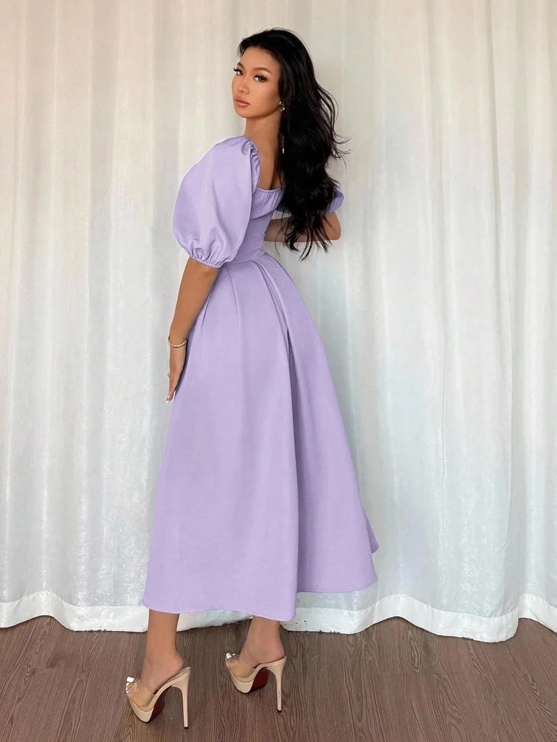 Женское элегантное платье A-силуэта с коротким рукавом, Mauve Purple — фото 2