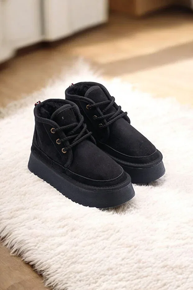 Детские ботинки для девочек на плоской подошве Puffy guaranteed thick sole furry inside lace up daily mini half children's boots Lideral, Black
