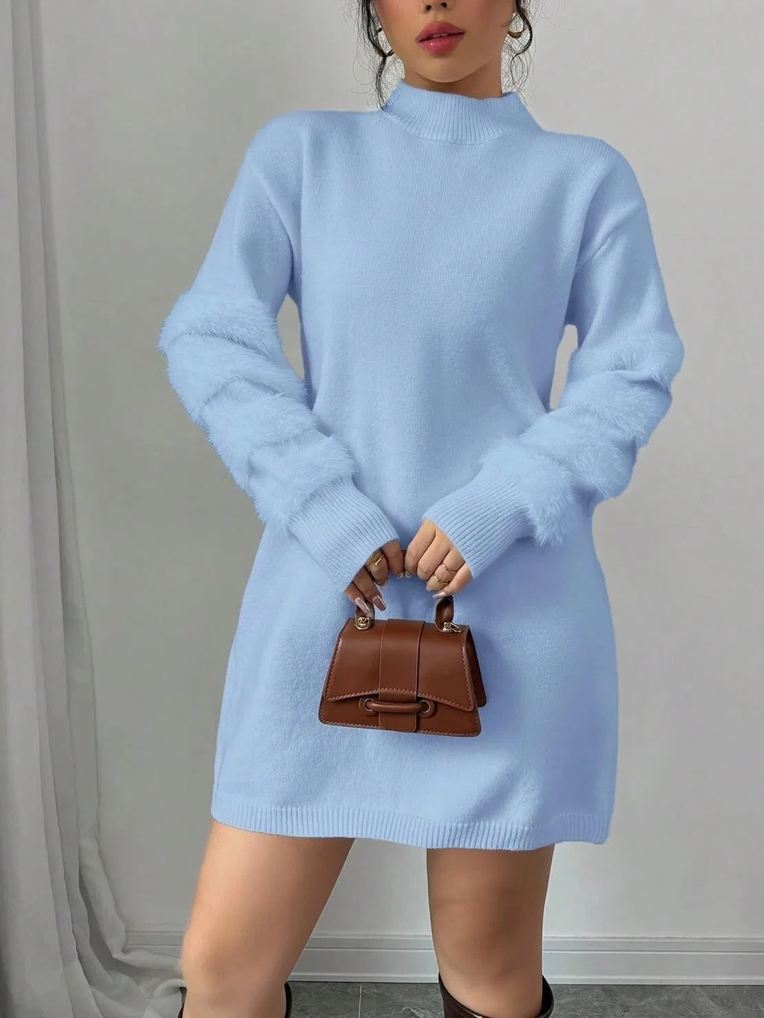 Женское вязаное платье с длинным рукавом на молнии, Blue — фото 4