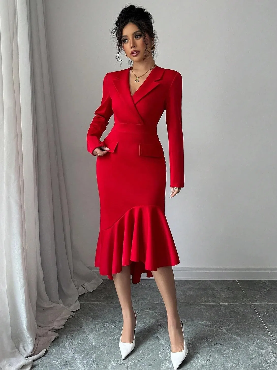 Женское элегантное платье миди с асимметричным подолом, Red — фото 4