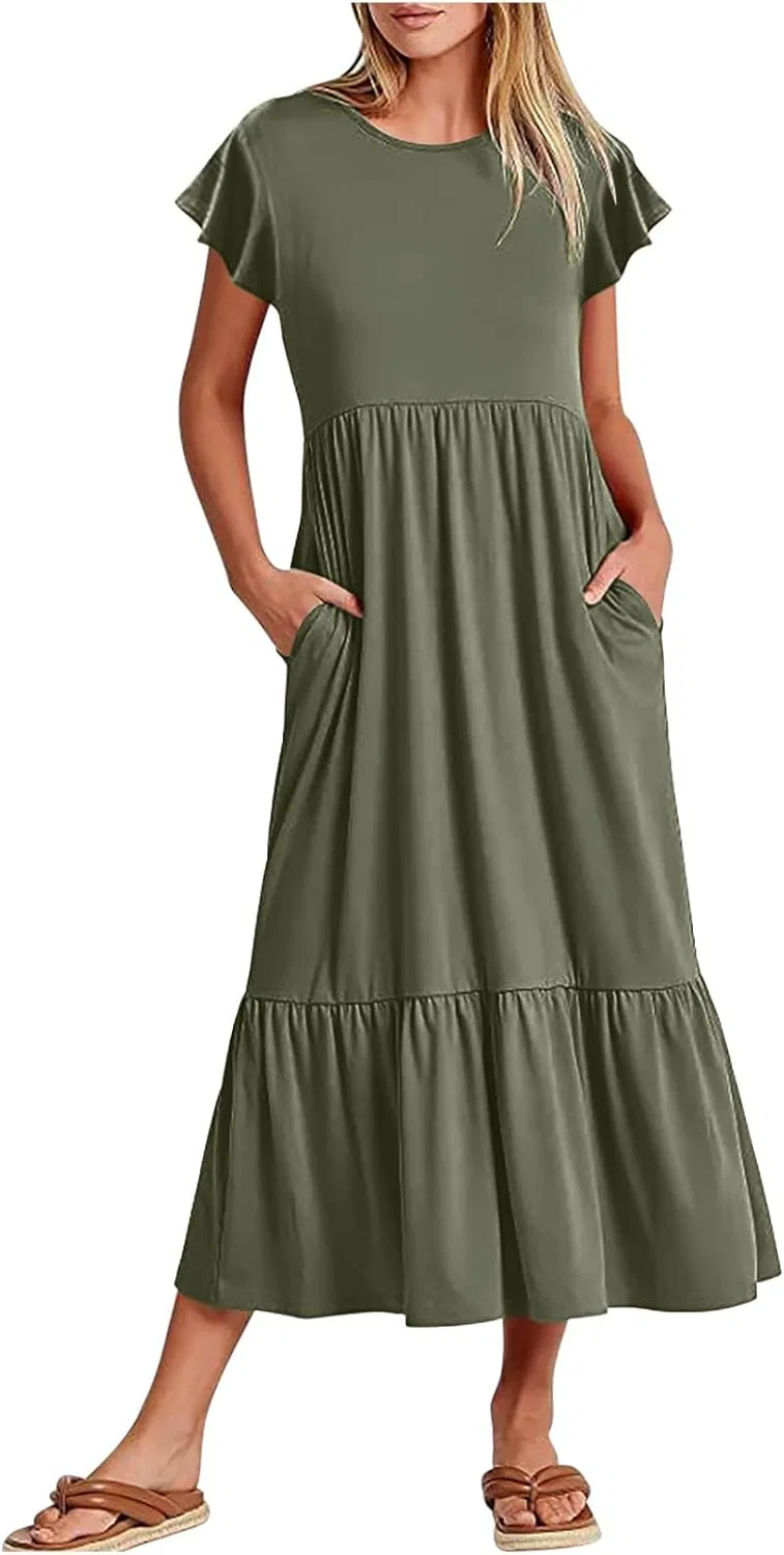 Женское летнее платье с рюшами и резинкой на талии, Army Green