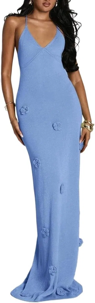 Женское элегантное облегающее длинное платье из трикотажа, Blue