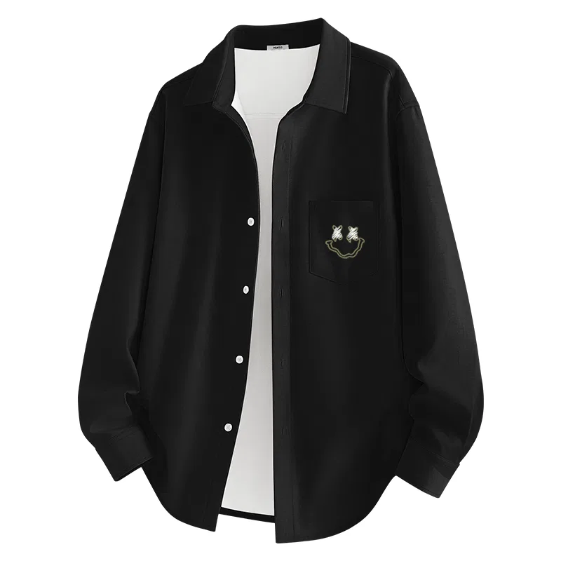 Детская рубашка с воротником [Thickened Integrated Fleece] MINISO, Black (B Smile Wreath Chest Logo)