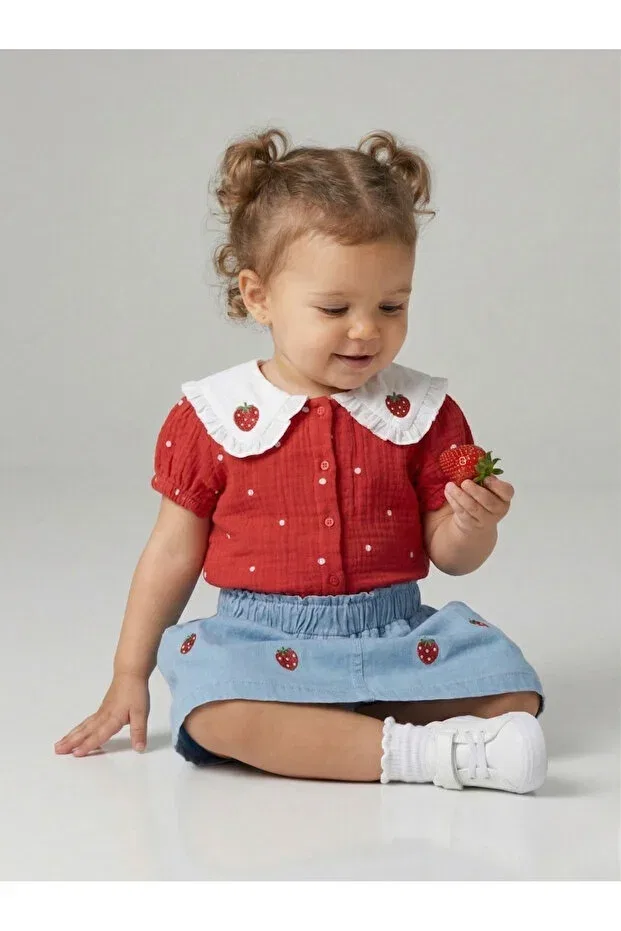 Детский комплект для девочек с принтом Strawberry Embroidered and Patterned Skirt Set Necix'S, Red — фото 2