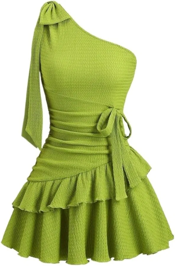 Женское летнее платье с асимметричным плечом и плиссировкой, Green