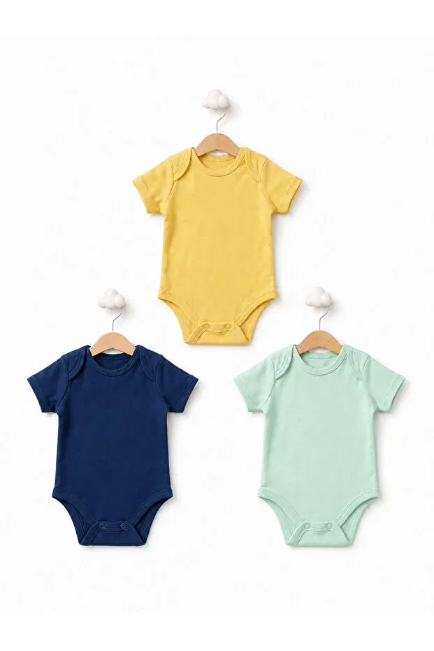 Детское боди-комплект из 3 штук с коротким рукавом хлопковый Basics For My Baby, Navy Blue-Yellow-Aqua
