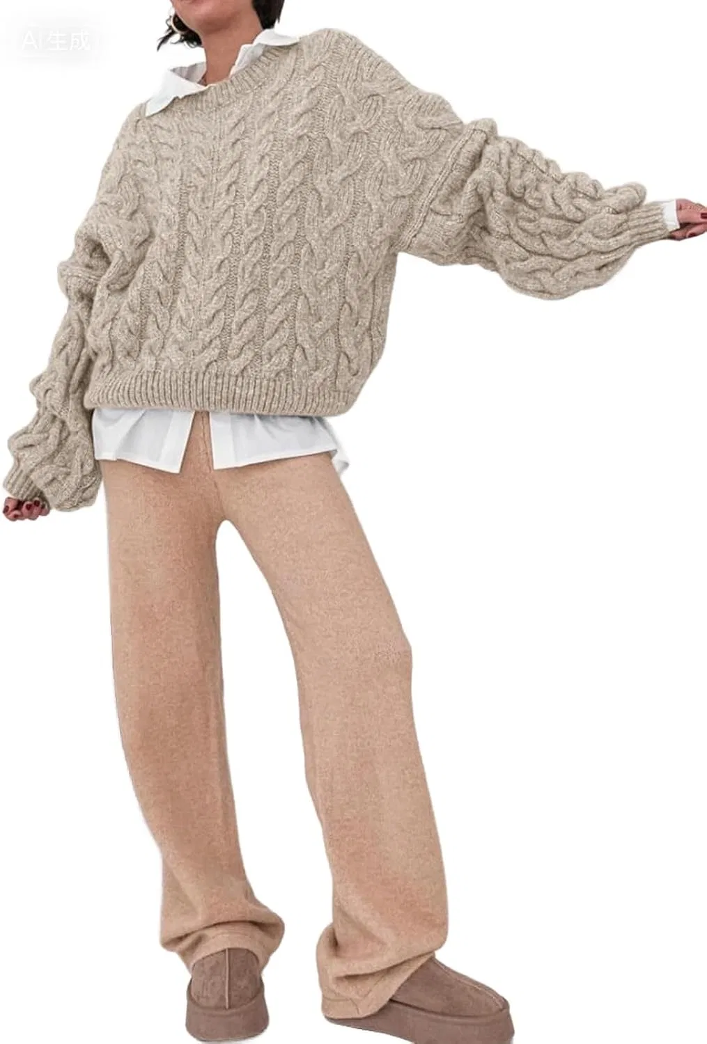 Женский свитер с косами Oversized, длинный рукав, круглый вырез