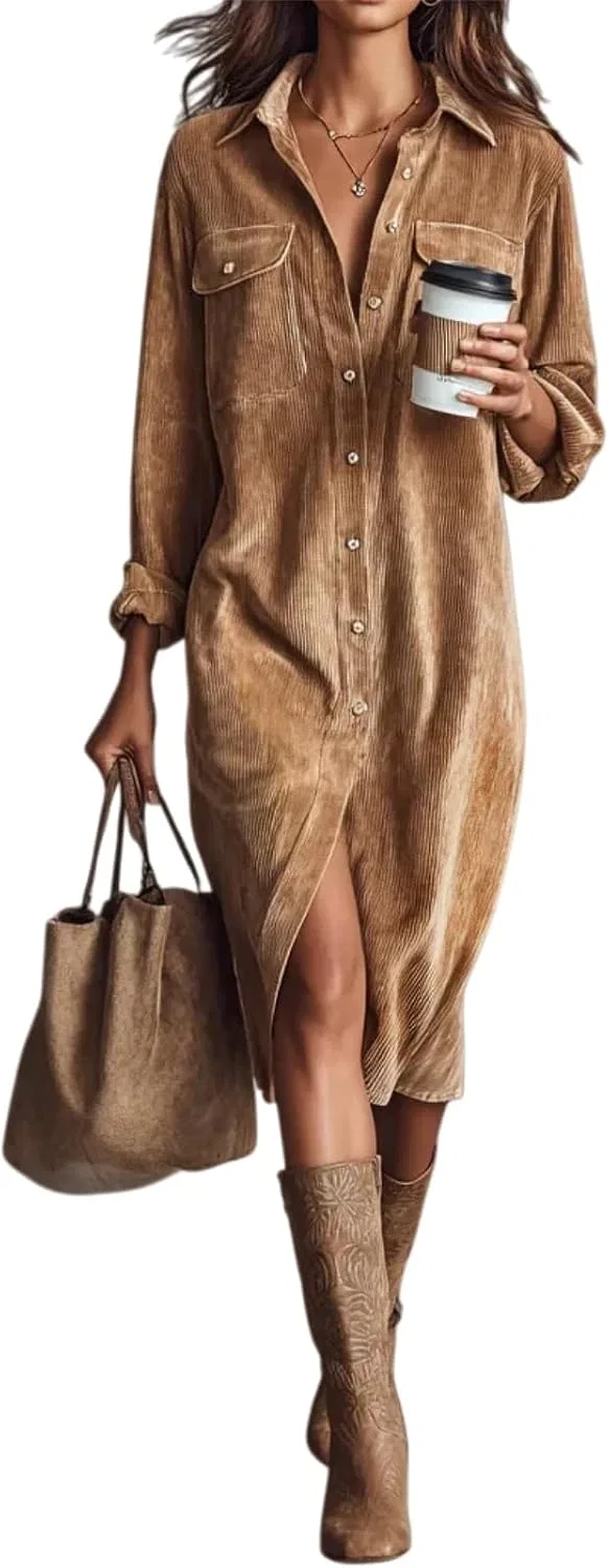 Женское платье из вельвета с воротником-стойкой и пуговицами Corduroy, Brown