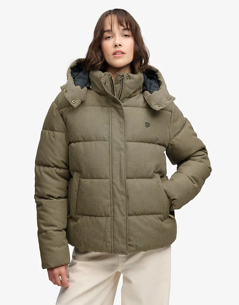 Пуховая куртка Superdry Premium с капюшоном, коричневый клетчатая ткань в стиле ретро — фото 4