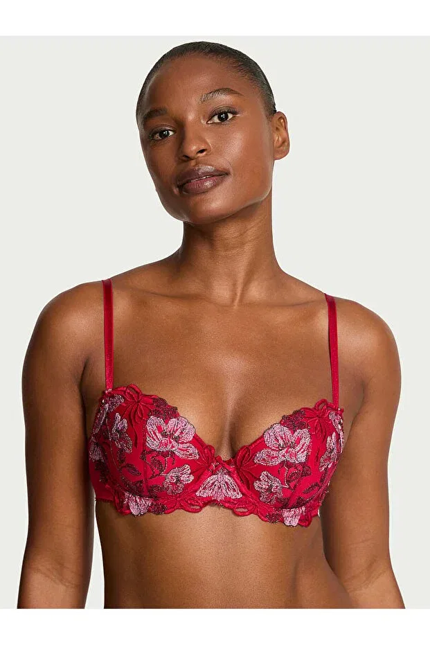 Женский бюстгальтер с принтом Floral Embroidered Demi Bra Victoria'S Secret, Red Flower Embroidered