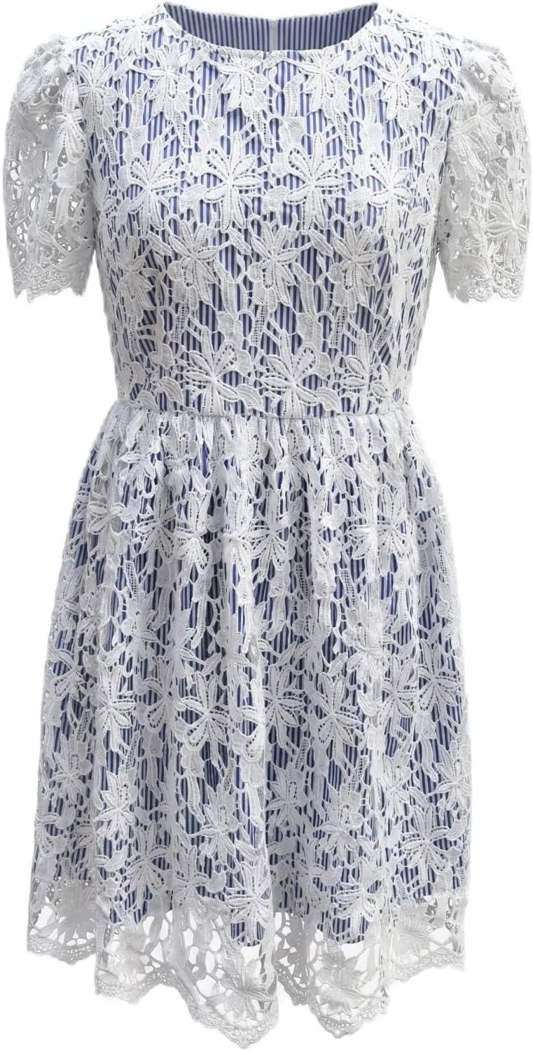 Женское платье А-силуэта с кружевной отделкой, White Lace Over Navy Stripe