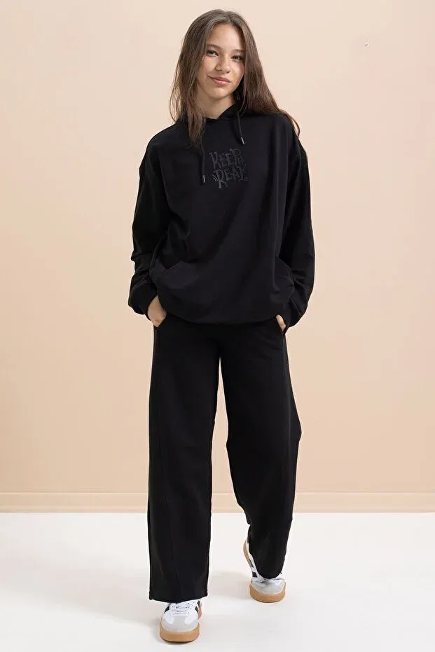 Детский спортивный костюм для девочек с принтом Black Text Printed Hooded Wide Leg Girls' Tracksuit Set Cansın Mini, Black