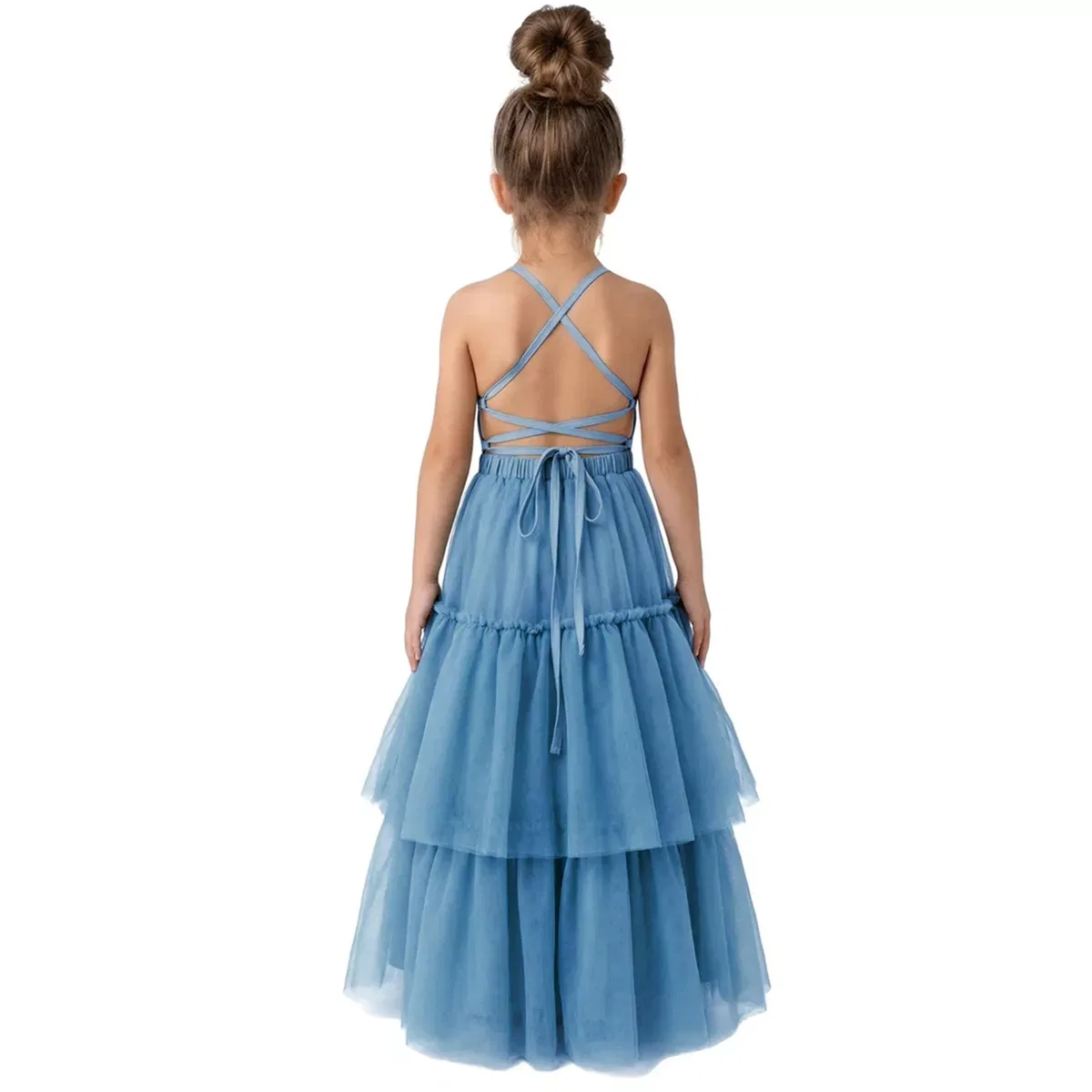 Детское платье макси из фатина с открытой спиной 2Bunnies, Dusty Blue