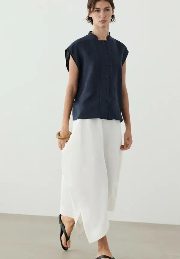Блуза льняная Blouse Massimo Dutti, dark blue, темно-синий — фото 3