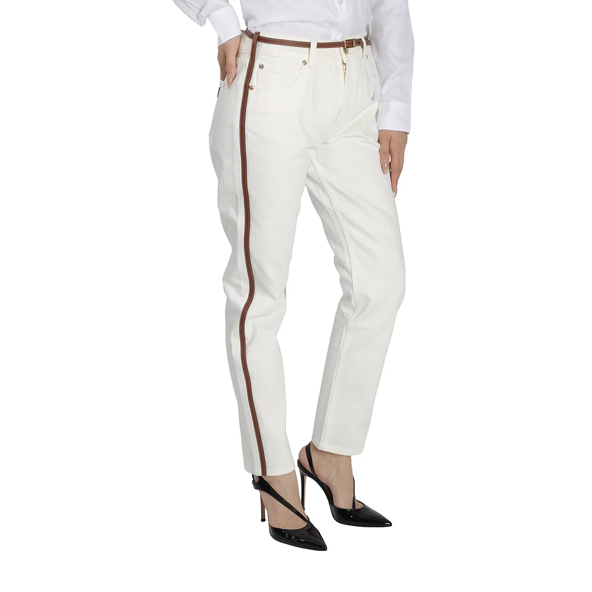 Джинсы прямого кроя с кожаными ремнями Ladies Off White Straight Fit Leather Harness Detail Jeans Burberry, Off White — фото 2