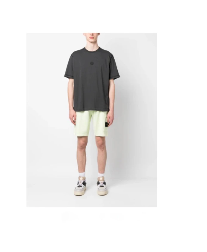 Светло-Зеленые хлопковые флисовые шорты-бермуды Stone Island, белый — фото 2
