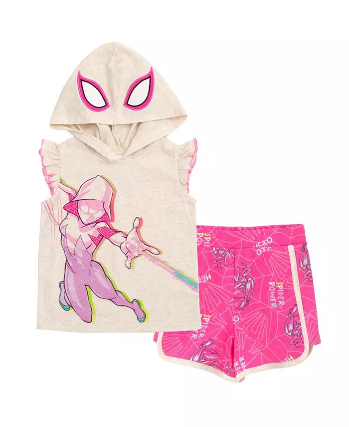 

Набор для косплея SPIDERMAN Little Girls Spider-Man Spider-Gwen Ghost Spider: худи-майка с капюшоном и шорты из френч-терри Marvel, белый