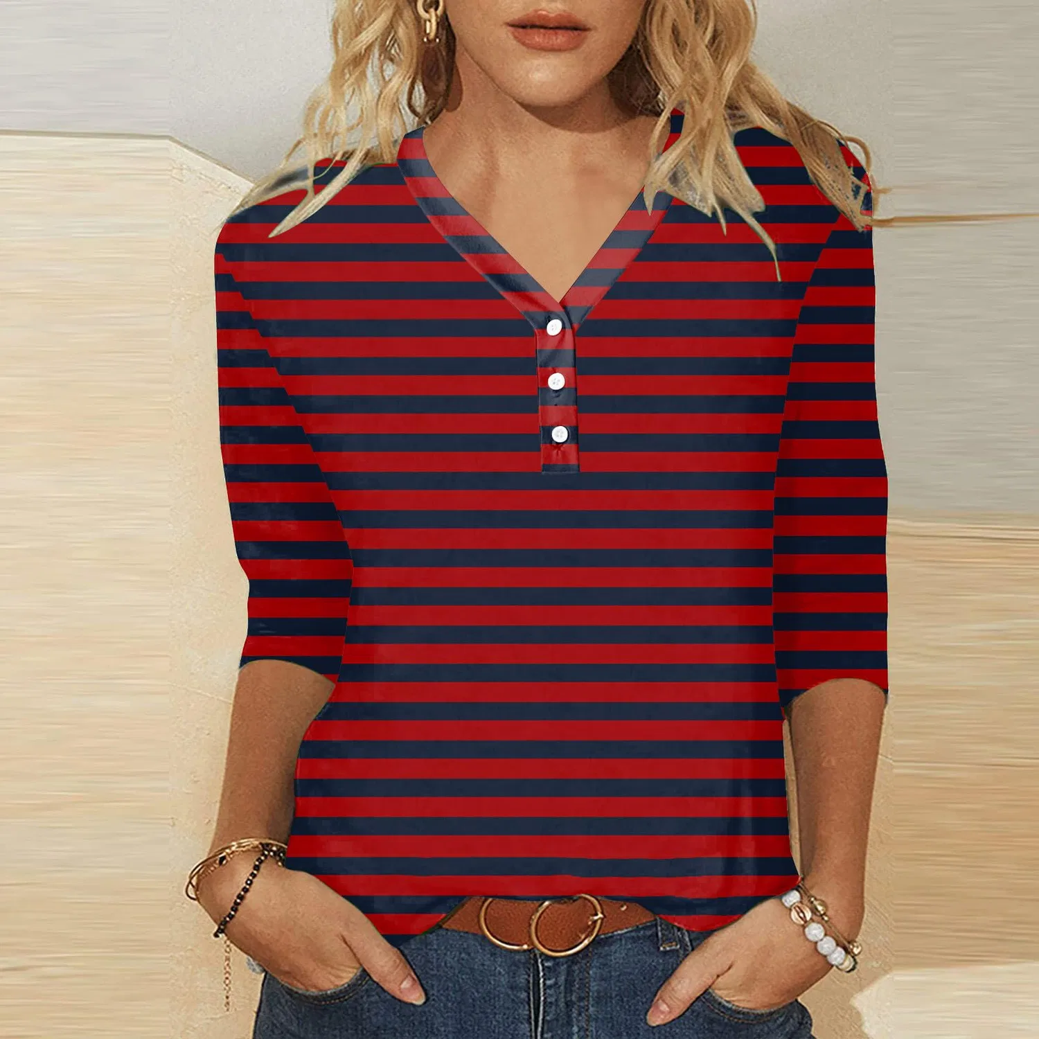 Женская футболка с принтом Plaid Shirt 3/4 Sleeves, E-red — фото 3