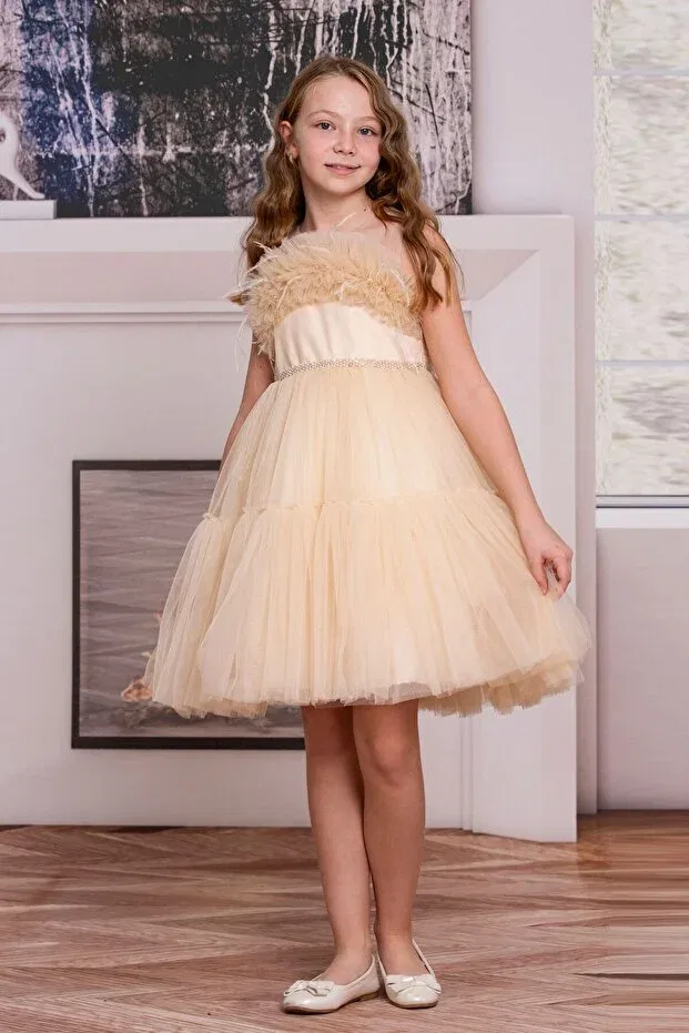 Детское платье для девочек из тюля Süslü Pink Kids, Cappucino