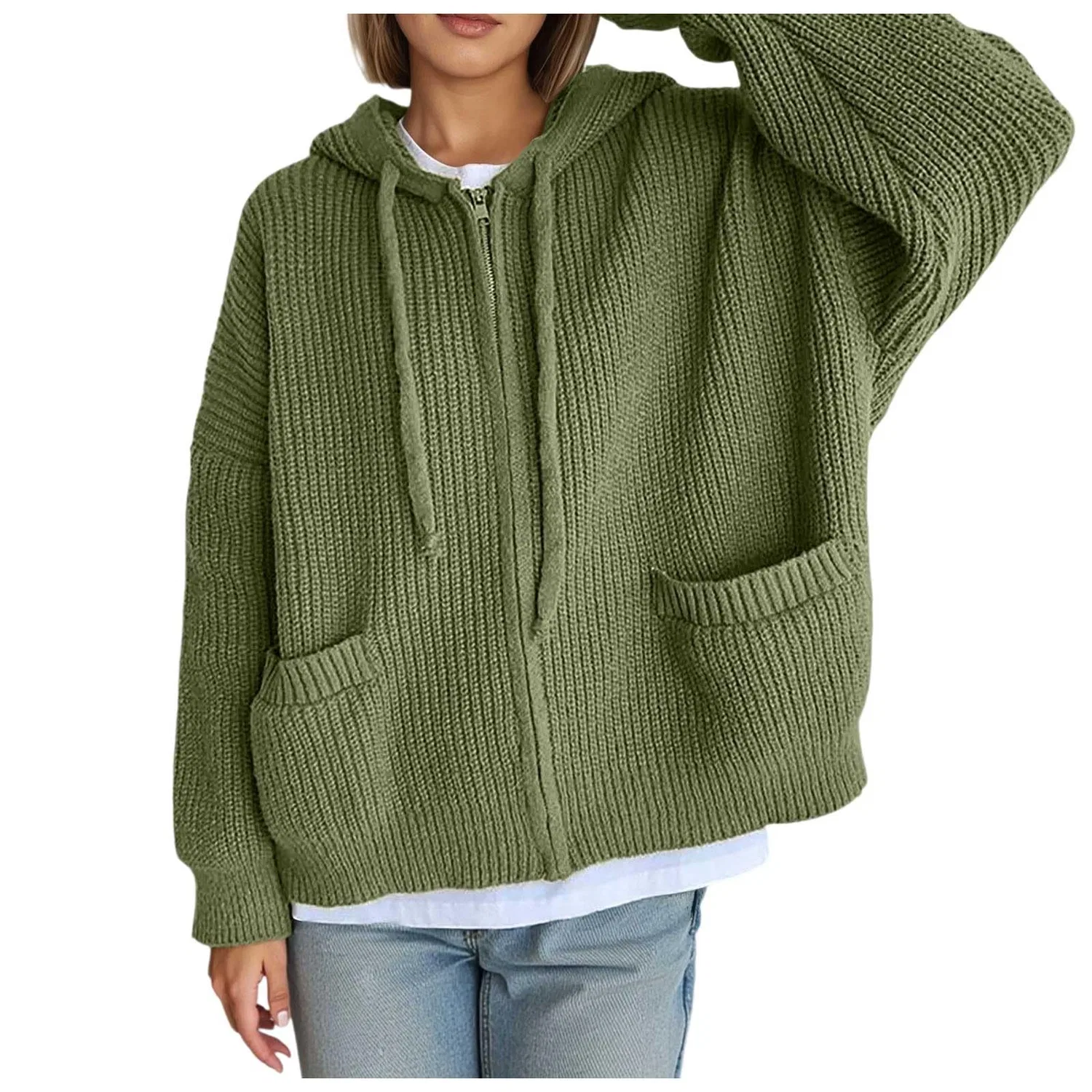 Женское вязаное пальто-кардиган оверсайз с капюшоном, Army Green