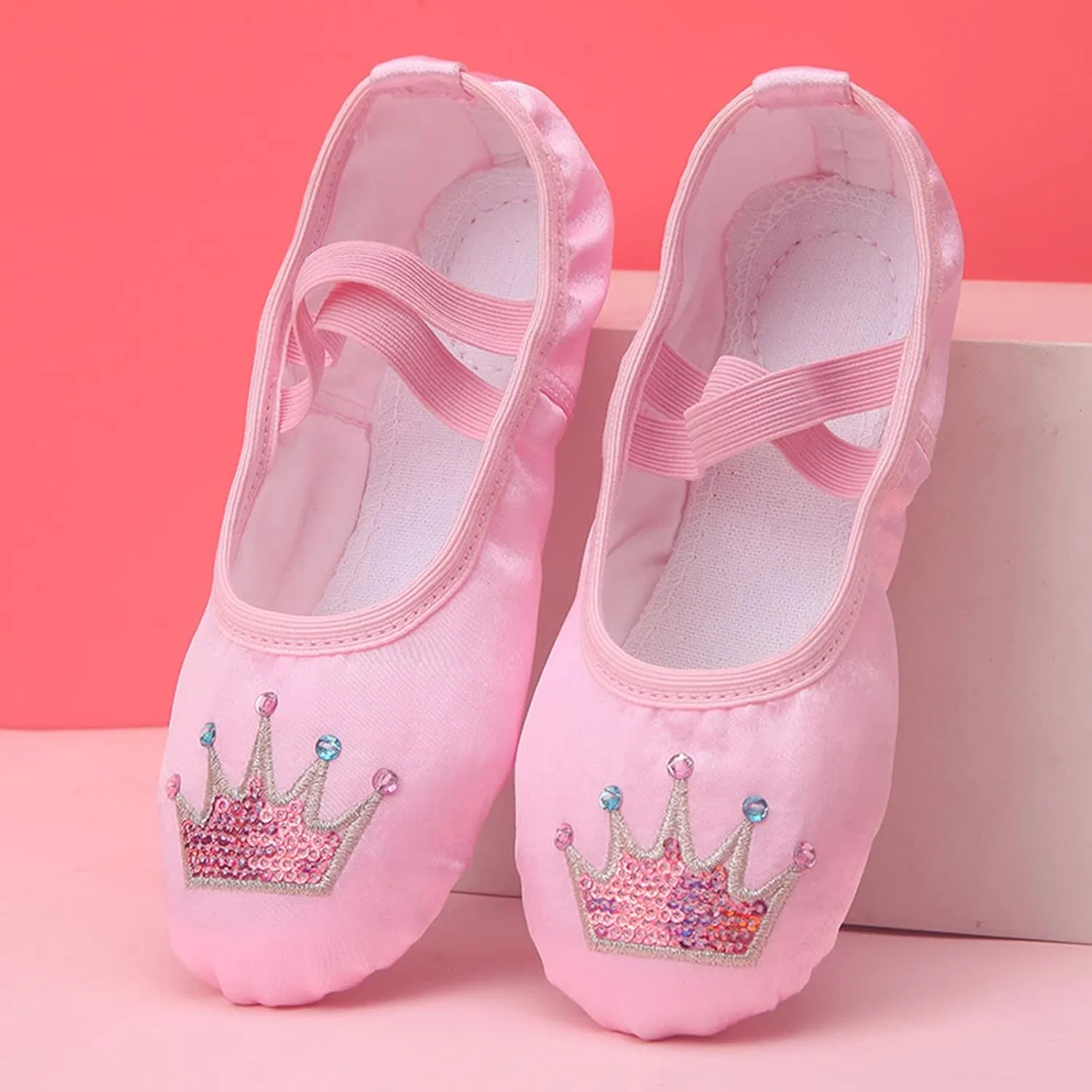 Детские балетки для девочек атласные с кожаной подошвой, Pink — фото 4