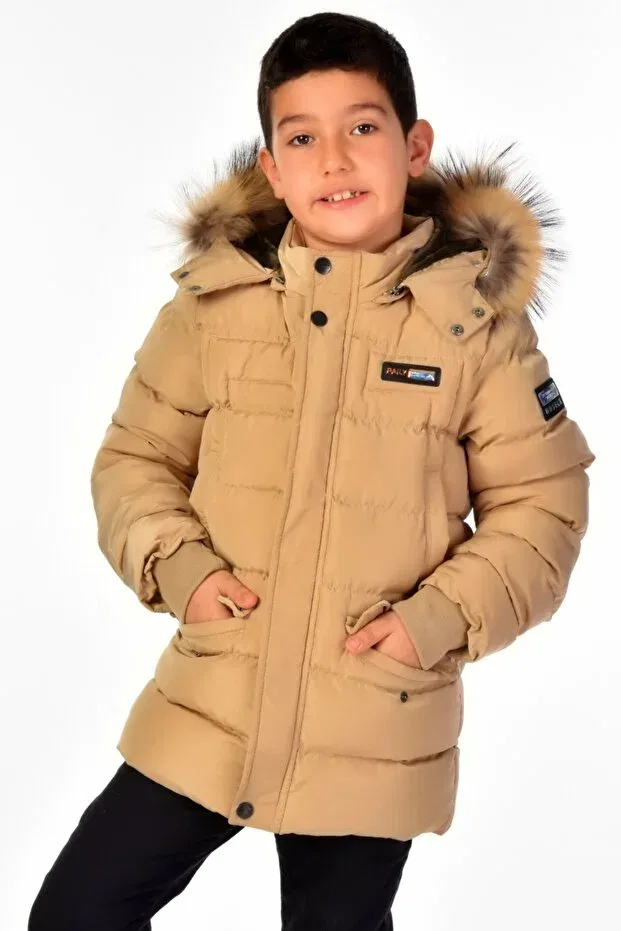 Детское пальто для девочек пуховое с капюшоном Natural fur boy puffer coat Benitto Kids, Beige