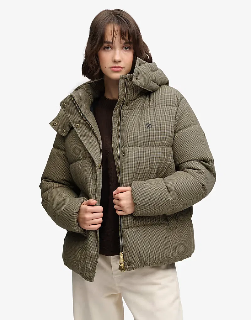 Пуховая куртка Superdry Premium с капюшоном, коричневый клетчатая ткань в стиле ретро