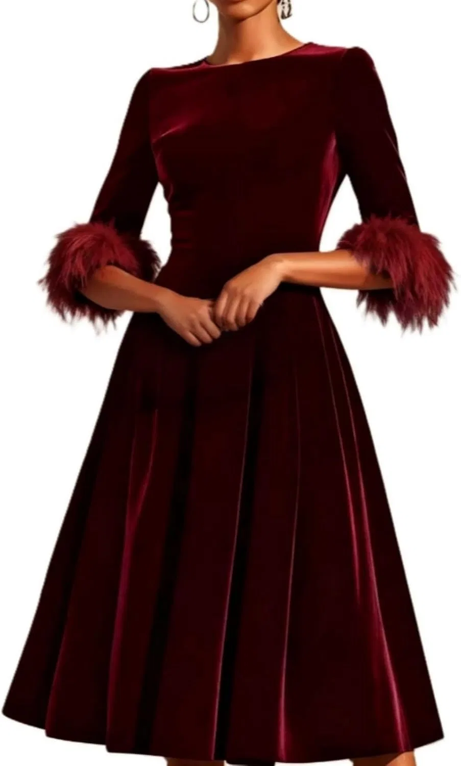 Женское коктейльное платье из велюра с перьями, Wine Red