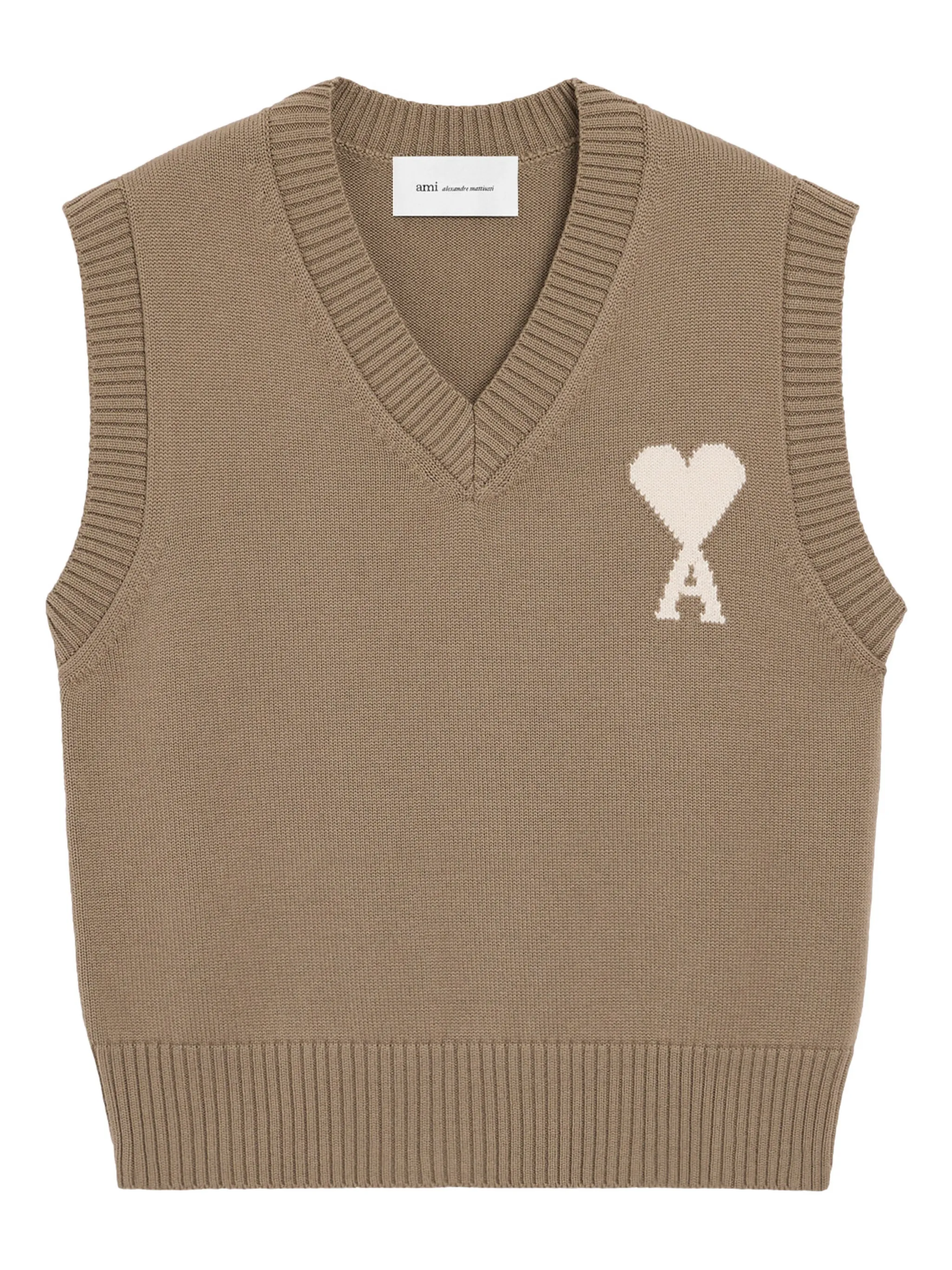Жилет AMI Paris Knitted With Ami De Coeur Monogram, темно-бежевый