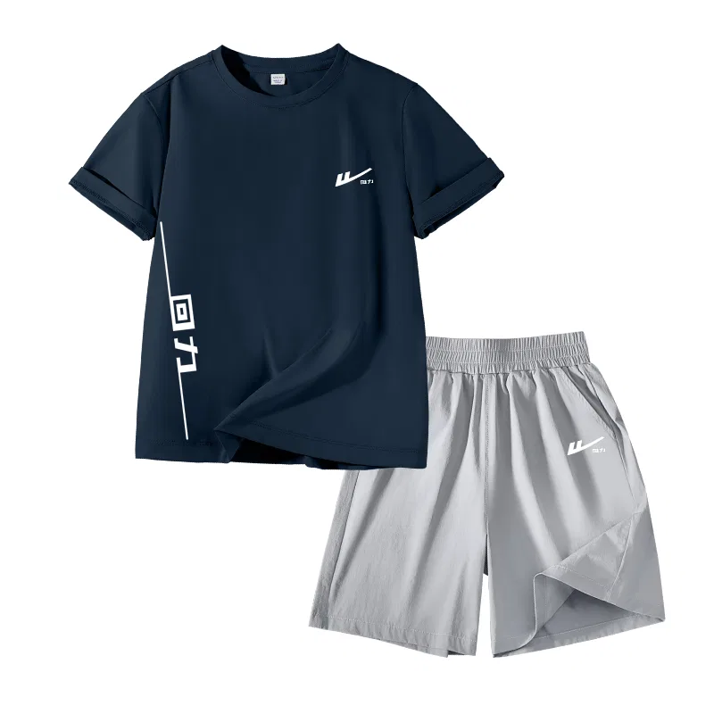 Детский спортивный комплект с футболкой с принтом и шортами Navy Blue/H White Retro K+H Diagonal White Bottom-Gray/H Silicone Retro White K WARRIOR