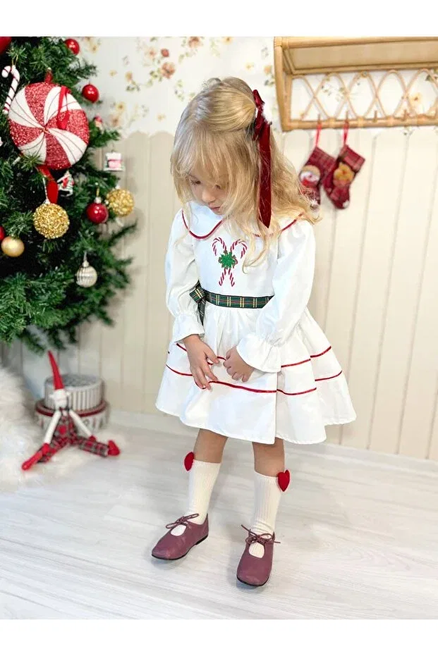 Детское платье для девочек с длинным рукавом Lorin girl's christmas dress Pinkitokids, White — фото 2